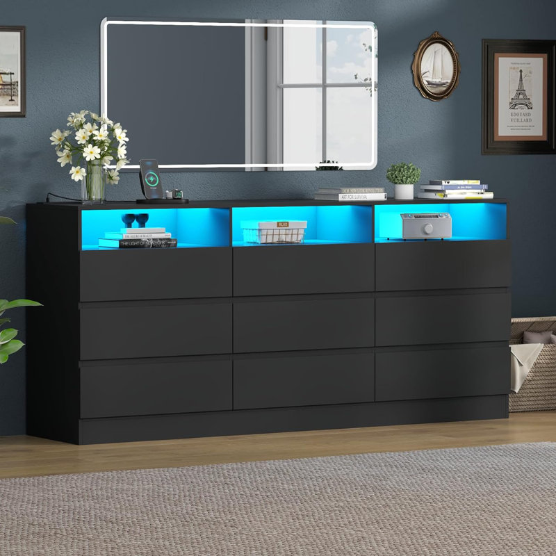 Commode triple 9 tiroirs 63 po, Noir