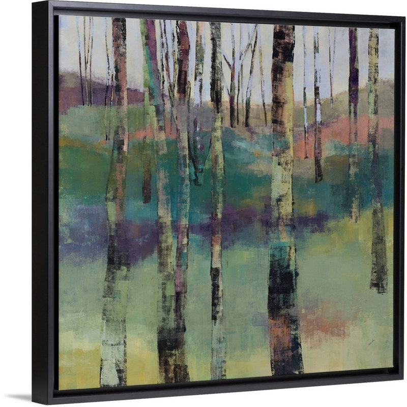 « silent sentinels », peinture sur toile, H 25,7 po x l 25,7 po x p 1,75 po, Cadre flottant noir