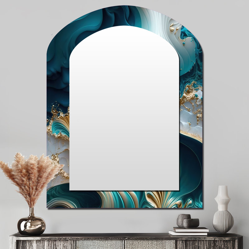 «Abstract Geode Turquoise III», grand miroir mural asymétrique en marbre, miroir décoratif turquoise, 43 po x 33 po