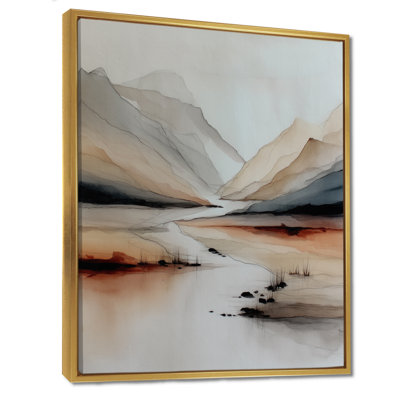 «Watercolor River Drift Mountains», reproduction d'art sur toile encadrée, paysage orange