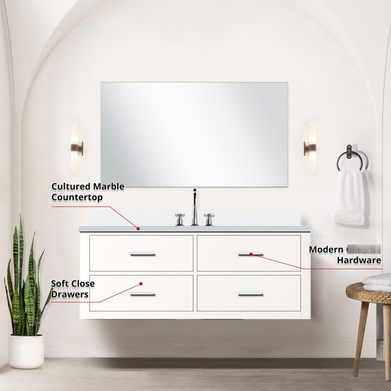 48 po L x P 22 po, meuble-lavabo blanc, comptoir en marbre de culture, miroir de 43 po, robinet de lavabo de l 48 po avec miroir et