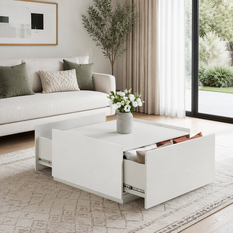 Table basse de style transitionnel avec tiroirs de rangement, fini blanc, mobilier de salon