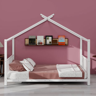 Metal Twin Size Platform Bed With Roof Design, House Shaped Floor Bedframe For Kids