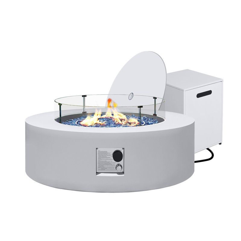 50,000 BTU 42 in. Round Iron Propane Fire Pit Table with Tank Cover and Glass Wind Guard in White, White