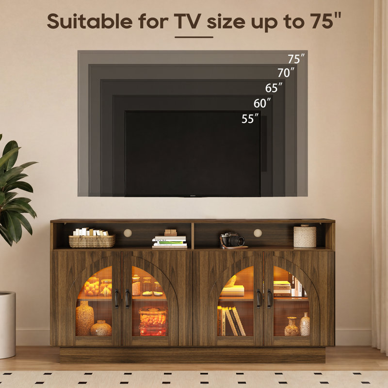 Meuble télé 63 po pour téléviseur de 75 po ou moins, console multimédia avec lumières DEL RVB, tablettes réglables, ports USB et prises de courant