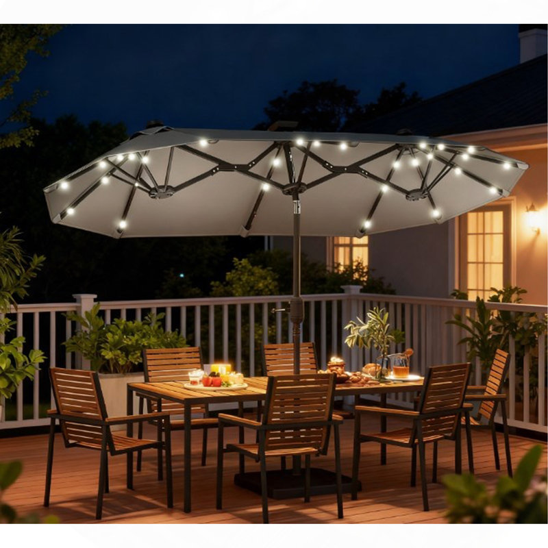 Parasol d'extérieur, parasol de terrasse double face, avec lumières solaires et base, parasol de table de salle à manger à bouton-poussoir inclinable