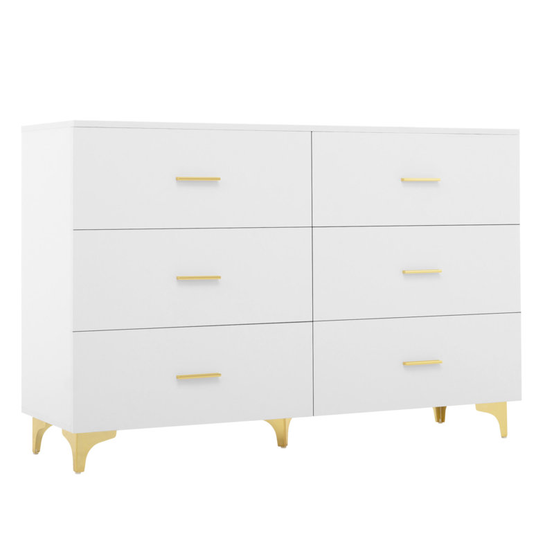 Six Drawers, Golden Straight Aluminum Handle, Golden Triangle Legs, White Locker