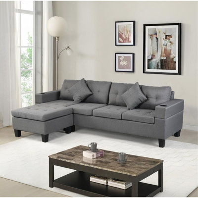 Ensemble de canapé modulaire pour salon avec méridienne en forme de L, porte-gobelet et méridienne droite ou gauche 4 sièges modernes (Faux lin gris)