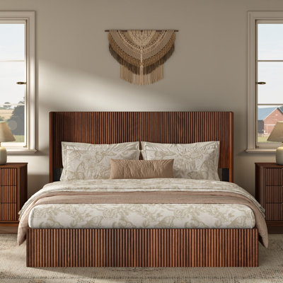 King Size Mid Century Modern Lift Up Storage Bed Frame,Fluted Curved Headboard Wooden Platform Frame with Hydraulic System,Noise-Free Slat Support,Walnut