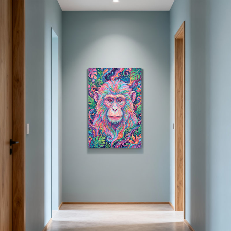 Animaux singe coloré avec des tourbillons et des feuilles vibrantes, H 24 po x l 36 po