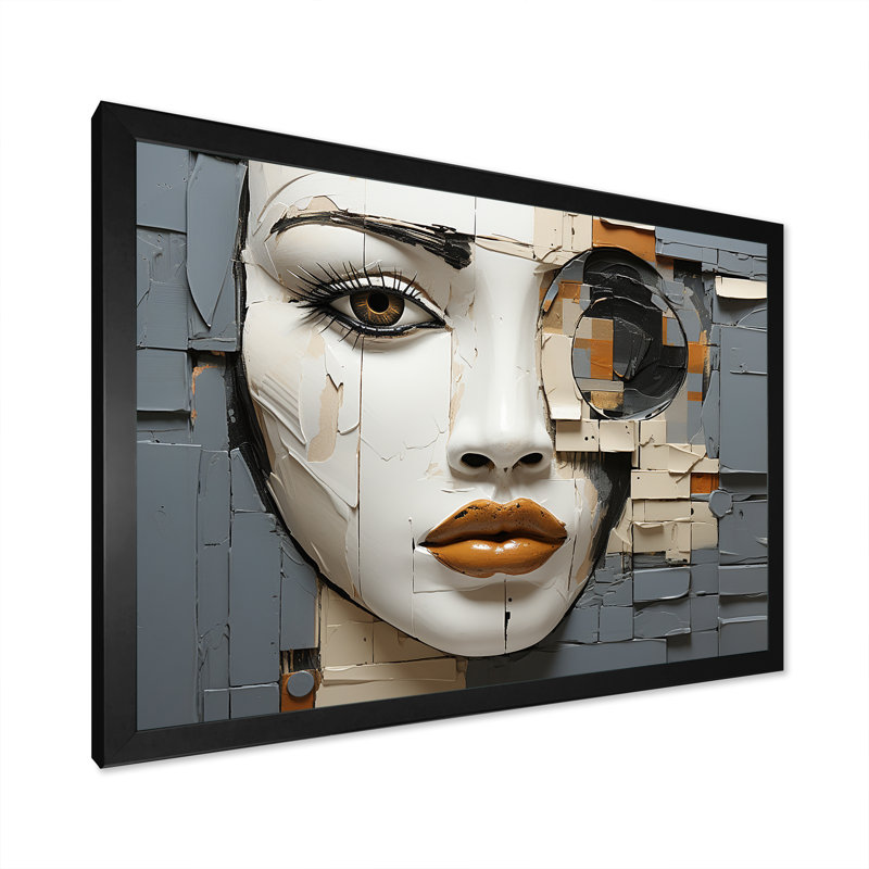 Beige gris, peinture, collage, portrait sur toile, H 16 po x l 32 po x P 1 po, Cadre simple noir