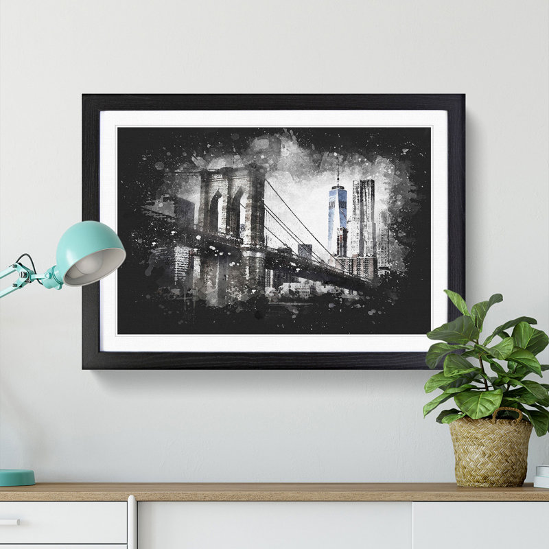 Brooklyn Bridge in New York - Picture Frame Painting Print, Black Framed, 24cm H x 33cm W x 2cm D
