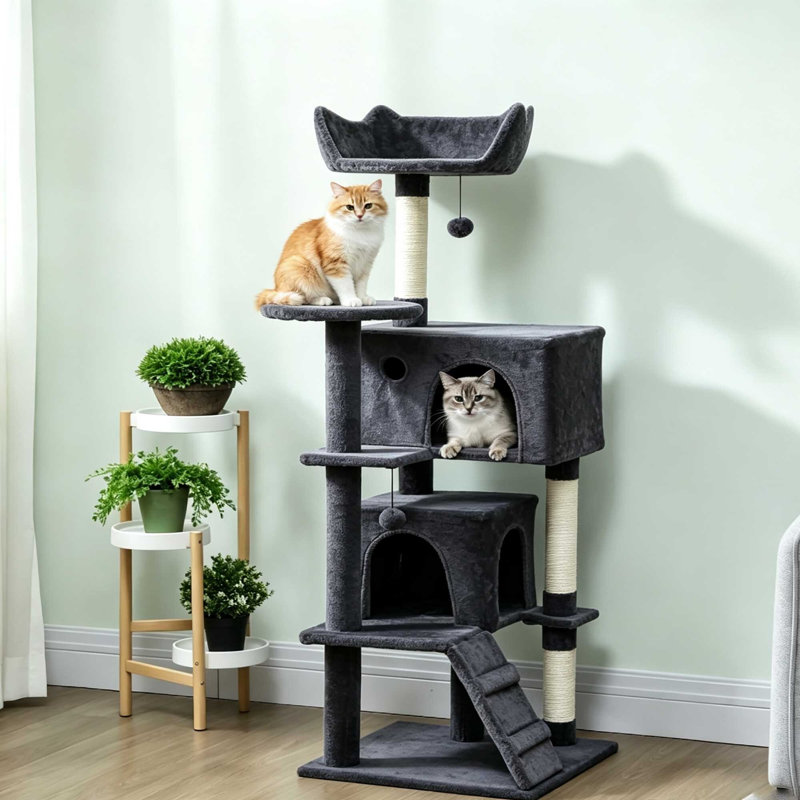 180?cm Large Multi-Level Cat Tree Tower with Sisal Scratching Posts, Condos, Plush Perches, Hammock & Ladder, Dark Grey
