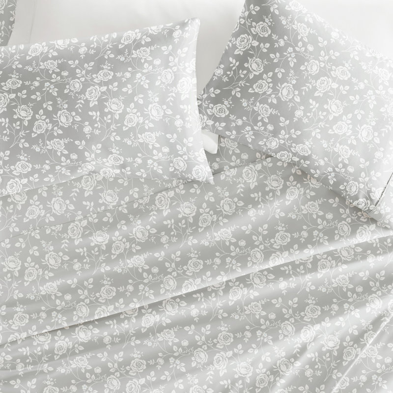 Home Rose Gray Pattern Microfiber Sheet Set, Queen Sheet Set + 1 Fitted Sheet + 2 Pillowcases