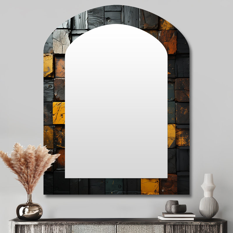 Grunge Gold Cubes Abstract Geometric I - Geometric Asymmetrical Large Mirror, Modern Arch Decorative Wall Mirror, Printed Metal Art