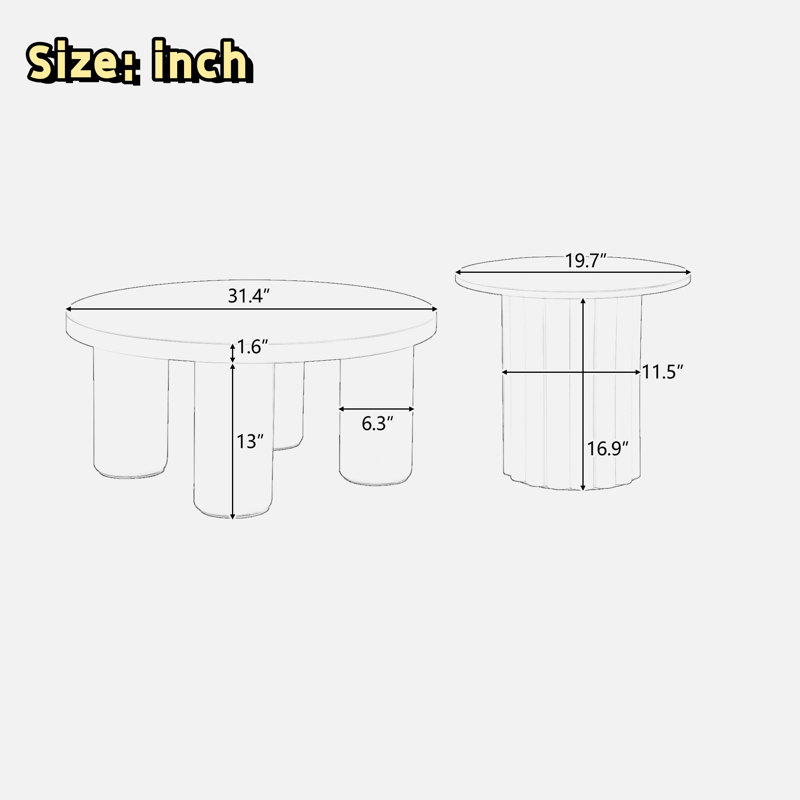 Modern Coffee Table Set Of 2, Round Coffee Table With Cylindrical Leg Design And 1 End Table