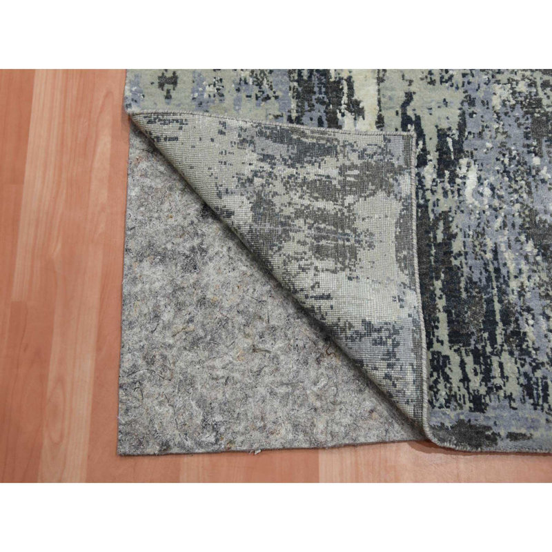 Tapis de couloir noué à la main 2 pi 6 po x 8 pi 3 po gris anthracite, conception abstraite moderne, laine et soie, tissage plus dense, B7E176AAFC0845CCA61D99835F91D1BC