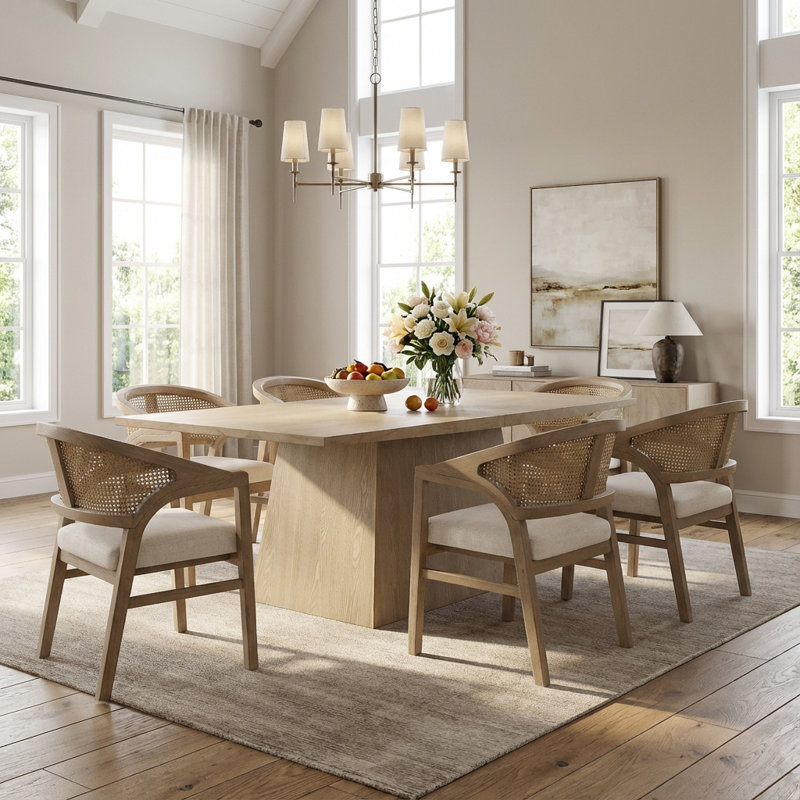 Declan 7-Piece Dining Table Set With Upholstered Chairs & Rattan Backs, Light Ash
