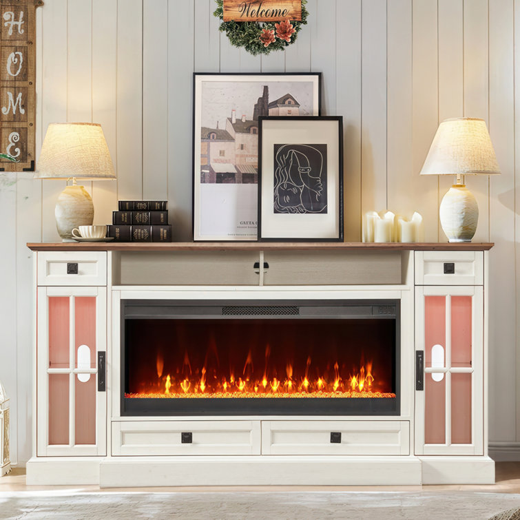 Aira 70"W Farmhouse Fireplace TV Stand With Timer, Wood Media Console For TVs Up To 80" With Fireplace Included