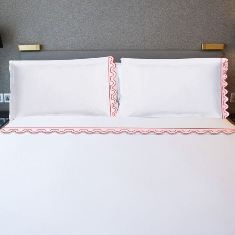 400TC U Shape Scallop Embroidery Cotton 4 Piece Sheet Set Fitted Sheet Fits Upto 16" Deep Pocket, Red Border