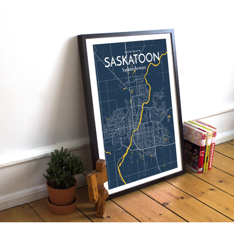 « saskatoon city map », reproduction d’art en bleu, H 17 po x l 11 po
