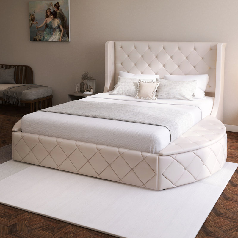 Upholstered Platform Bed Queen Size Storage Velvet Bed, Beige