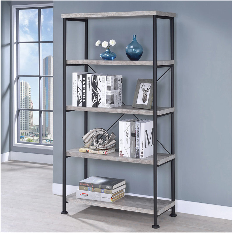 4-shelf Bookcase with Metal Frame in Grey Driftwood, Brown