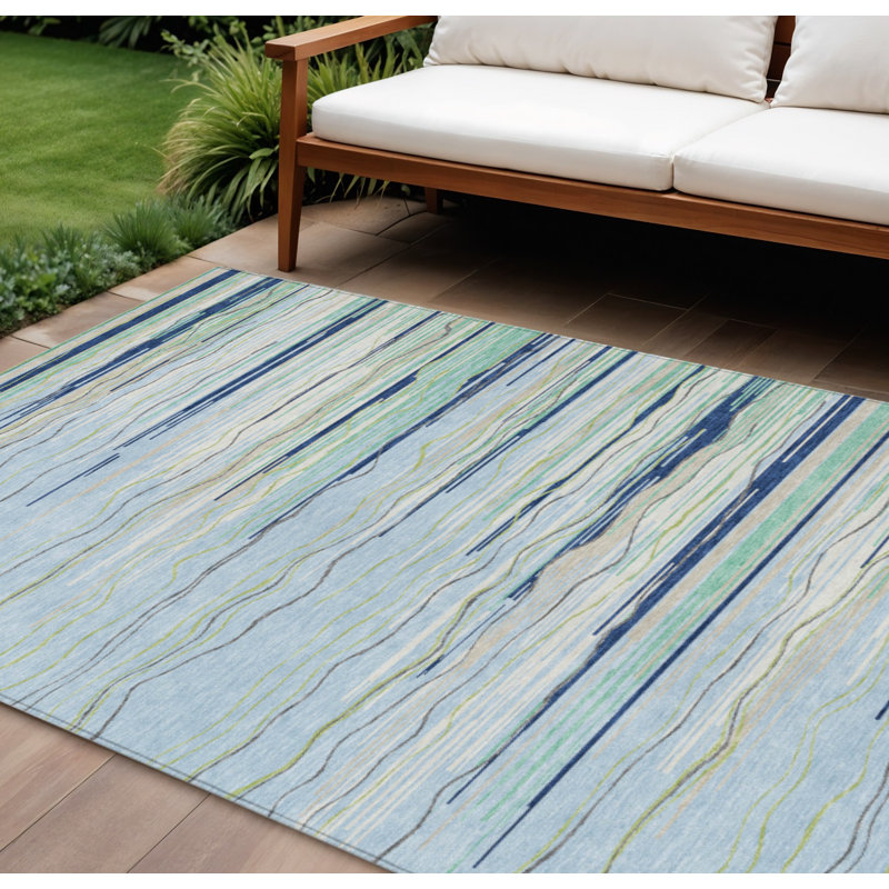 Tapis extérieur lavable rayé bleu ciel et bleu turquoise 9 pi x 12 pi