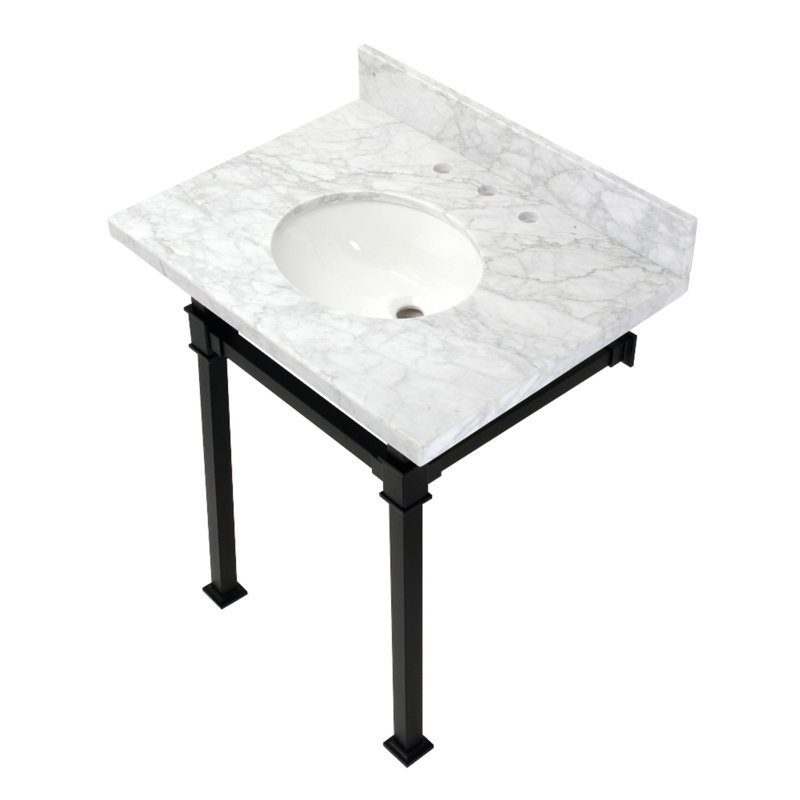 Lavabo console en marbre Carrara 30 pouces avec pieds en acier inoxydable Kingston Monarch Kingston (8 pouces, 3 trous)