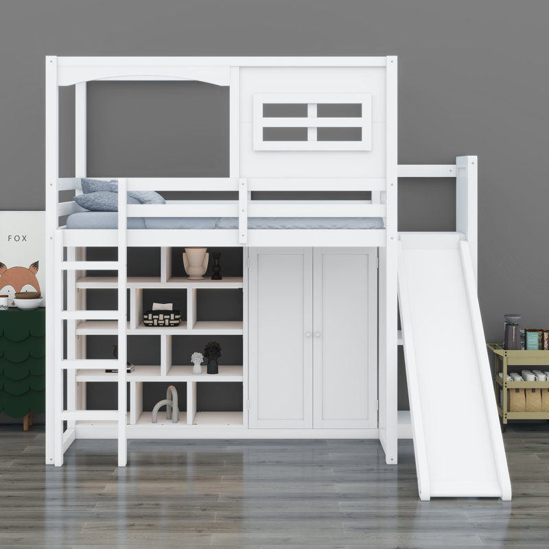 Lit mezzanine avec garde-robe, tablettes de rangement