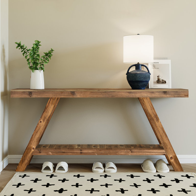 60" Solid Wood Console Table, Narrow Modern Farmhouse Design with Angled Legs for Hallway-Natural/ Brown Color, Brown