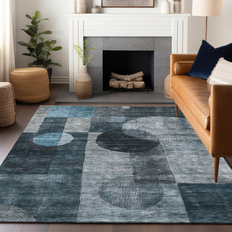 Teal Rectangular Machine Washable Synthetic Area Rug, 3' x 5'