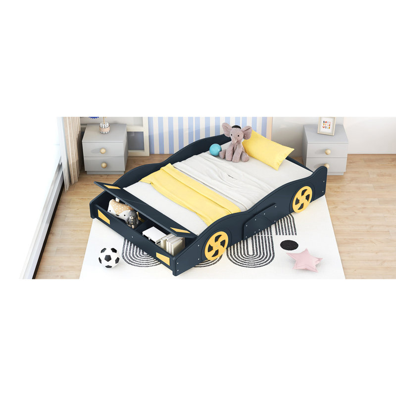 Lit double en forme de voiture de course avec rangement - Bleu foncé / jaune Fabrication en bois robuste pour chambre à coucher