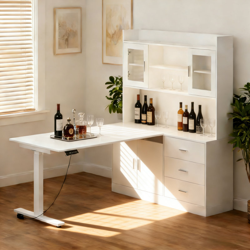 Adjustable Height Corner Bar Table With Glass Door, Shelves & Drawers, Reversible Design