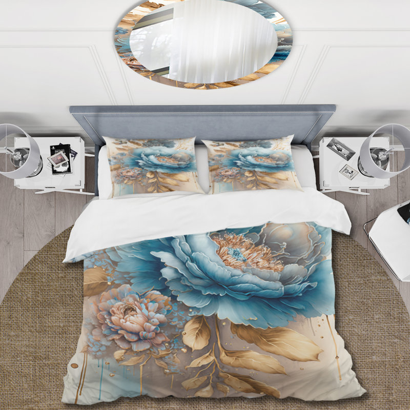 Ensemble de housse de couette bouquet de fleurs bleu et bleu II - Bouquet de fleurs - Polyester en microfibre