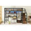 Lit mezzanine double avec lumière DEL et station de charge, lit mezzanine en métal avec bureau et escalier, lit mezzanine avec garde-robe-1407358010