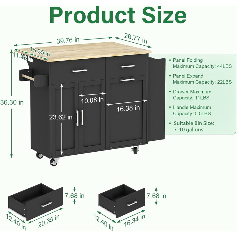 Rolling Kitchen Island with Storage Cabinet, Kitchen Island with Drop Leaf, Tilt Out Trash Cabinet, Black