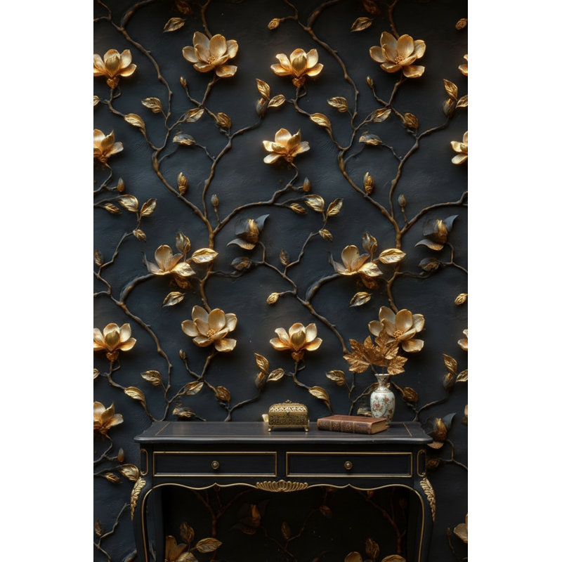 Papier peint floral doré, décoration murale amovible foncé