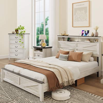 Cadre de lit double en bois avec tête de lit avec rangement, cadre de lit plateforme avec lumières DEL et station de charge, blanc