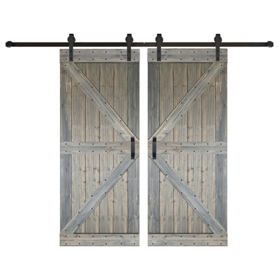 Porte de grange coulissante double en bois massif de style K avec ensemble de quincaillerie - Assemblage requis