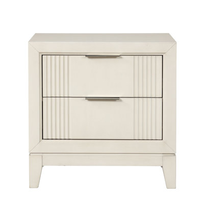 Transitional Nightstand With Dovetail Drawers, Chrome Handles, Fluted Design, Antique White Finish | Gift Idea