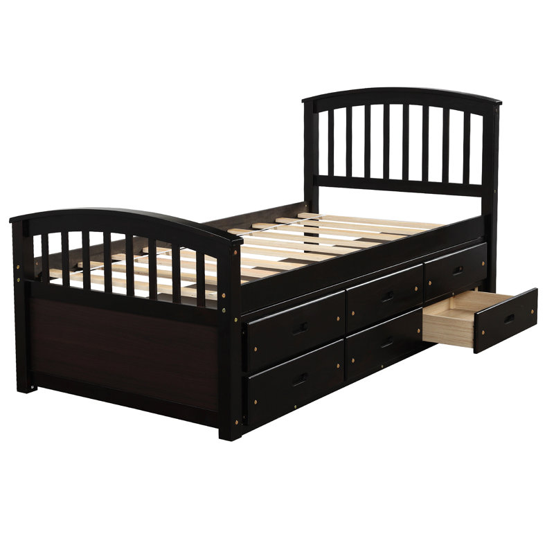 Lit plateforme simple en bois massif avec 6 tiroirs de rangement, élégant et durable pour les chambres modernes, Espresso