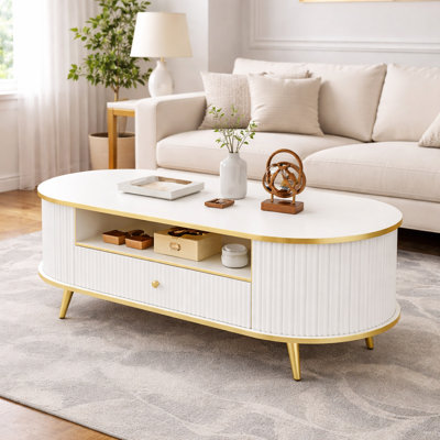 47.2" Modern Oval Coffee Table With Led Lights, Fluted Coffee Table With Storage Drawer, Curved Profile With Gold Metal Legs, Center Table For Living