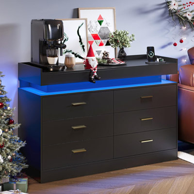 TV Stand Cabinet with LED Lights & Charging Station, Coffee Bar Cabinet Floating Countertop, Modern Sideboard Buffet 6 Drawers for Home, Living Room