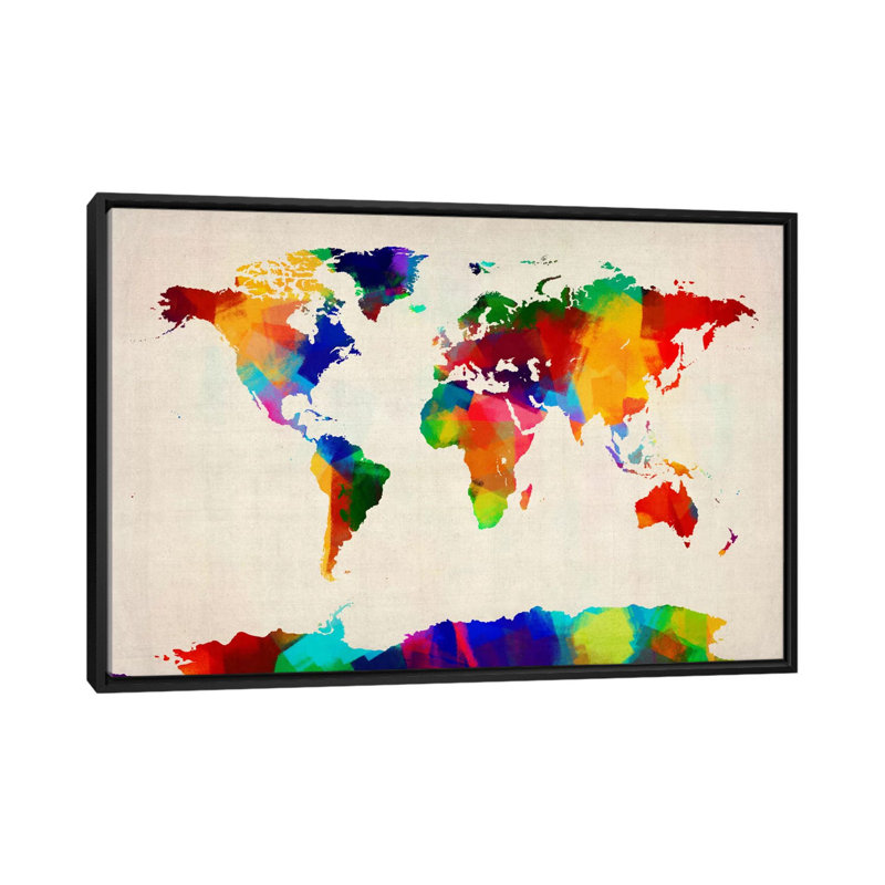 «Map of The World IV» par Michael Tompsett, reproduction d'art sur toile, H 18 po x l 26 po x P 1,5 po, Toile avec cadre noir