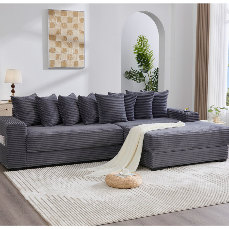 Canapé modulaire en L surdimensionné surdimensionné, tissu en velours côtelé, repose-pieds amélioré, porte-gobelets, coussins décoratifs, convertible en lit: 107,46 po avec repose-pieds mobile, poche latérale, 8 en gris foncé