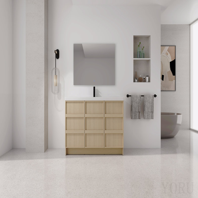 Meuble-lavabo autoportant 48 po avec lavabo en résine et 3 portes d'armoire à fermeture en douceur, contreplaqué, chêne Dune