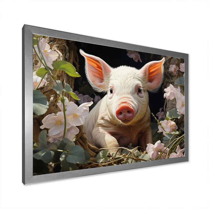 Cute Pig Playing In Flowers II - Animals Wall Decor, H 34 po x l 44 po x P 1,5 po, Cadre photo argenté
