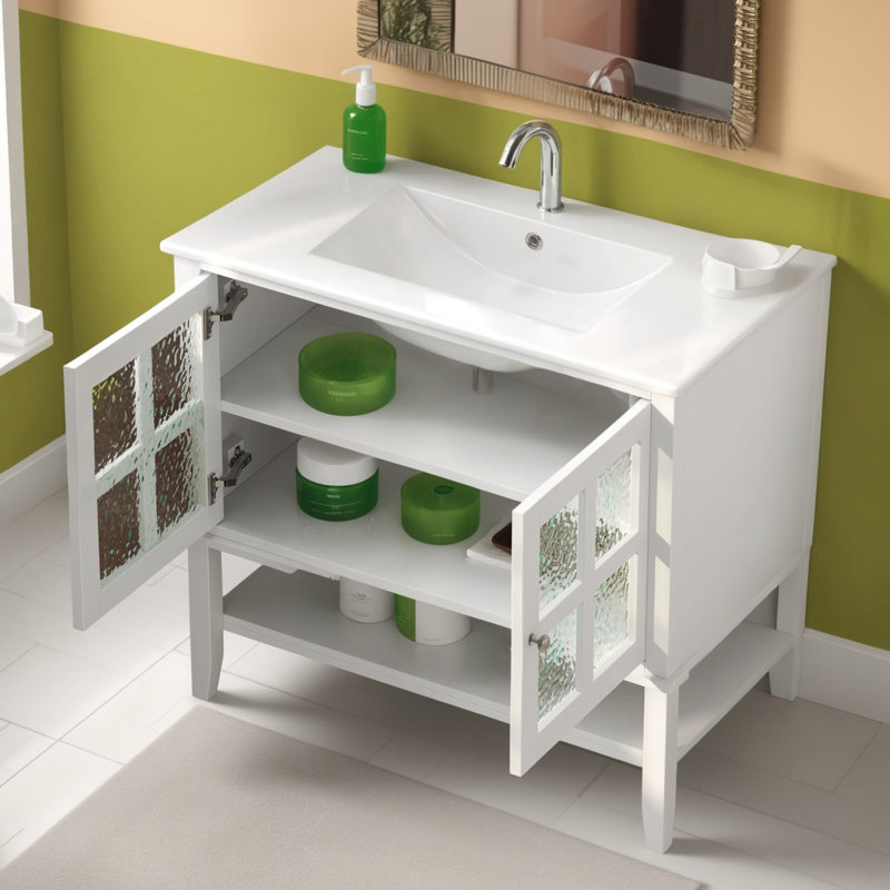 Meuble-lavabo blanc de 36 pouces avec lavabo en céramique, tablettes réglables et tablettes ouvertes, pieds en bois massif pour plus de stabilité, surface peinte imperméable, poignées en métal argenté avec charnières coussinées, pratique et magni