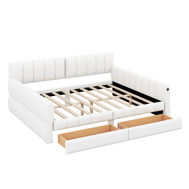 Grand lit de jour tapissier plateforme avec deux tiroirs de rangement, cadre de lit tapissier en laine d'agneau avec port USB, aucun sommier nécessaire